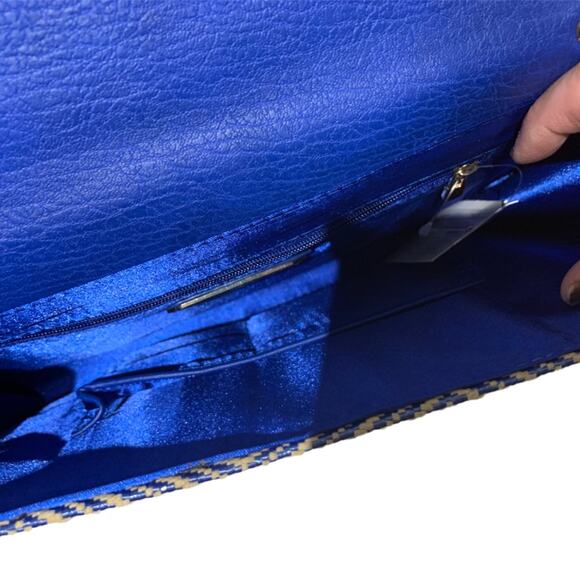 Urban Expression Blue/cream herringbone Clutch with gold chain strap vegan, NWT - Picture 7 of 12